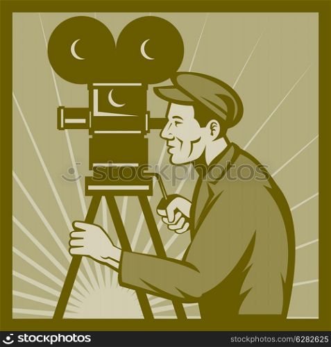 illustration of a Vintage movie or television film camera and director viewed from a low angle done in retro style.. Vintage movie television film camera director
