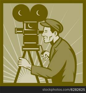 illustration of a Vintage movie or television film camera and director viewed from a low angle done in retro style.. Vintage movie television film camera director
