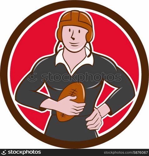 Illustration of a vintage original rugby player wearing black uniform holding ball facing front set inside crest shield done in cartoon style.. Vintage NZ Rugby Player Hold Ball Circle Cartoon