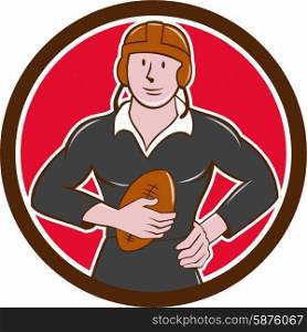 Illustration of a vintage original rugby player wearing black uniform holding ball facing front set inside crest shield done in cartoon style.. Vintage NZ Rugby Player Hold Ball Circle Cartoon