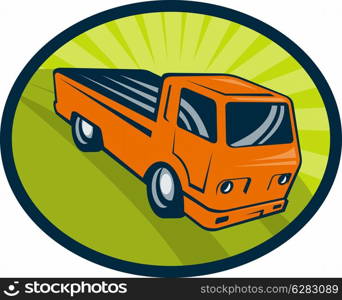 illustration of a Vintage pick-up cargo truck set inside an oval.. Vintage pick-up cargo truck