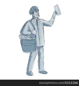 Illustration of a Vintage Postman mailman Holding up Letter done in hand sketch Drawing style.. Vintage Postman Holding up Letter Drawing