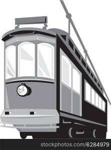 Illustration of a vintage streetcar train tram viewed from a low angle on isolated white background done in retro style.. Vintage Streetcar Tram Train