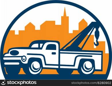 Illustration of a vintage tow wrecker truck lorry with urban buildings in background set inside half circle done in retro style.. Vintage Tow Truck Wrecker Retro