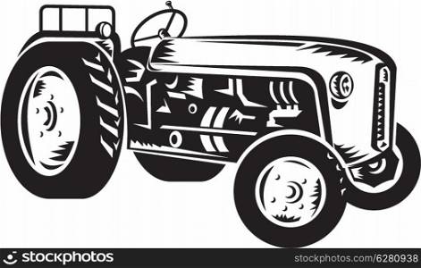 illustration of a vintage tractor done retro woodcut style black and white&#xA;&#xA;