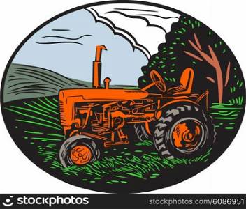 Illustration of a vintage tractor with farm grass tree sky clouds in the background set inside oval shape done in retro woodcut style. . Vintage Tractor Farm Woodcut