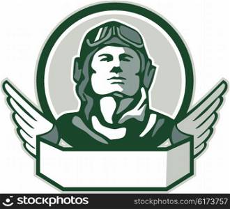 Illustration of a vintage world war one pilot airman aviator bust looking up viewed from front with winged scroll in front set inside circle done in retro style. . Pilot World War One Circle Retro