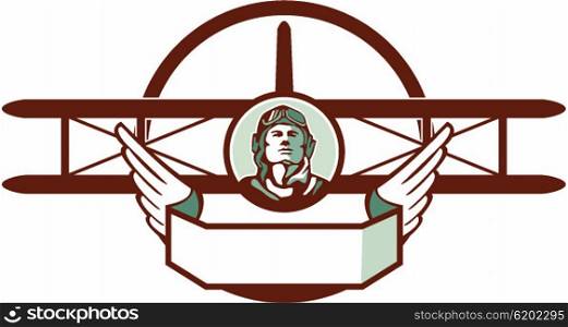 Illustration of a vintage world war one pilot airman aviator bust with spad biplane fighter plane set inside circle done in retro style. . World War 1 Pilot Airman Spad Biplane Circle Retro