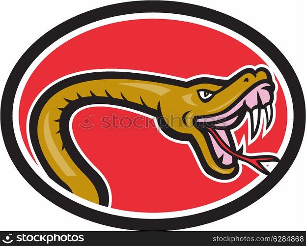 Illustration of a viper snake serpent head facing side baring fangs set inside circle on isolated background done in cartoon style.. Viper Snake Serpent Head Baring Fangs