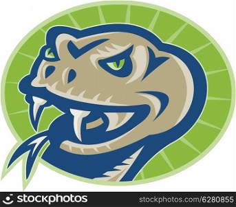 Illustration of a viper snake serpent mascot head facing front on isolated background set inside oval.. Viper Snake Serpent Mascot Head