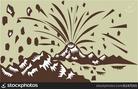 Illustration of a volcano erupting volcanic eruption resulting to island formation done in retro woodcut style.. Volcano Eruption Island Woodcut