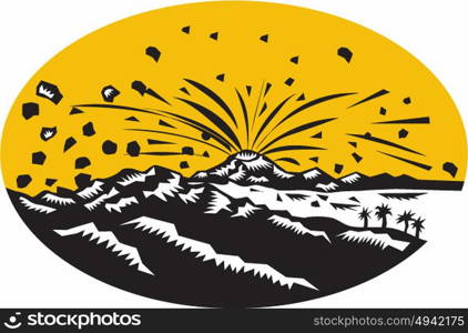 Illustration of a volcano erupting volcanic eruption resulting to island formation set inside oval shape done in woodcut style.. Volcanic Eruption Island Formation Oval Woodcut