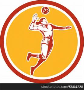 Illustration of a volleyball player spiker jumping spiking hitting ball set inside circle on isolated background done in retro style.. Volleyball Player Spiking Ball Circle Retro