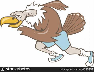 Illustration of a vulture buzzard condor runner running a marathon viewed from side on isolated white background done in cartoon style.. Vulture Buzzard Runner Running Cartoon