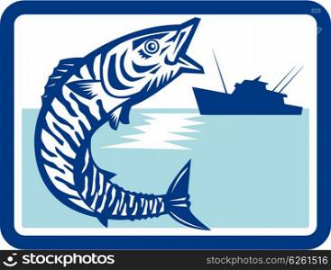 Illustration of a wahoo , Acanthocybium solandri, a scombrid fish jumping up with sea and fishing boat in the background set inside rectangle shape done in retro style.