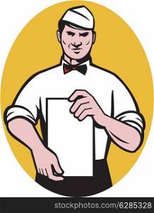 illustration of a Waiter holding a blank menu paper facing front set inside an ellipse. Waiter holding a blank menu paper