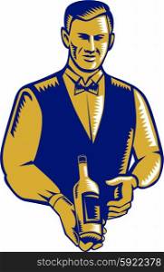Illustration of a waiter holding presenting wine bottle facing front set on isolated white background done in retro woodcut style. . Waiter Presenting Wine Bottle Woodcut