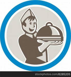 Illustration of a waiter holding serving plate platter of food facing front set inside circle on isolated background done in retro style.. Waiter Serving Food on Platter Retro