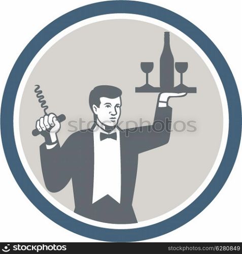 Illustration of a waiter holding serving wine bottle on plate platter holding corkscrew facing front set inside circle on isolated background done in retro style.. Waiter Serving Wine Bottle on Platter Retro