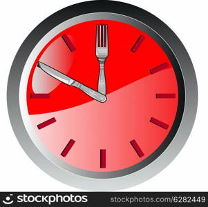 Illustration of a wall clock face with spoon and fork as hour and minute hand.