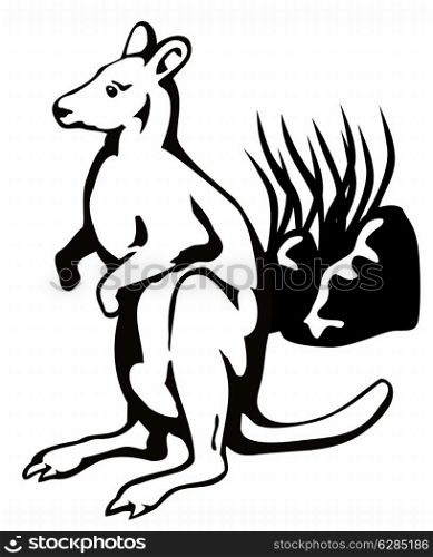 Illustration of a wallaby with long grass in the background done in black and white