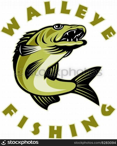 "illustration of a Walleye fish jumping isolated on white with words " walleye Fishing""