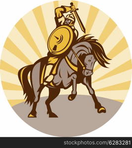 illustration of a warrior with shield and sword on horse. warrior with shield and sword on horse