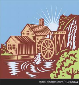Illustration of a water wheel mill house watermill with flowing river done on retro woodcut style.. Water Wheel Mill House Retro