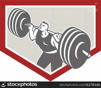 Illustration of a weightlifter athlete muscle-up lifting barbell facing front set inside shield crest shape done in retro style on isolated white background.. Weightlifter Lifting Barbell Shield Retro