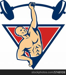 Illustration of a weightlifter bodybuilder lifting weights barbell with one hand set inside triangle done in retro style.