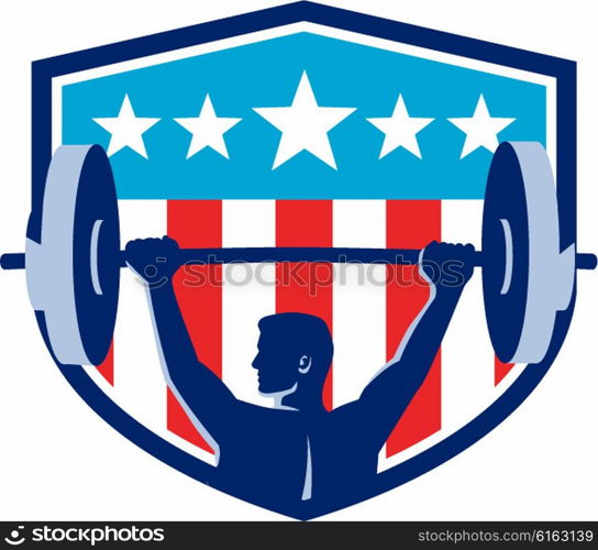 Illustration of a weightlifter lifting barbell looking to the side viewed from rear set inside shield crest with USA flag stars and stripes in the background done in retro style. . Weightlifter Lifting Barbell Rear Flag Shield Retro