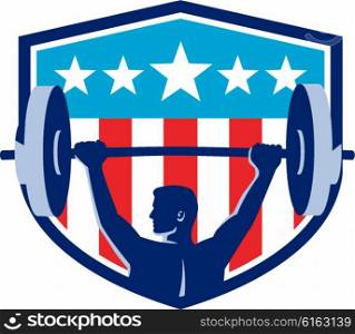 Illustration of a weightlifter lifting barbell looking to the side viewed from rear set inside shield crest with USA flag stars and stripes in the background done in retro style. . Weightlifter Lifting Barbell Rear Flag Shield Retro