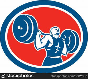 Illustration of a weightlifter lifting barbell over shoulder set inside circle shape on isolated background done in retro style.. Weightlifter Lifting Barbell Circle Retro