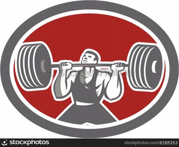 Illustration of a weightlifter lifting barbell set inside oval shape on isolated background viewed from front done in retro style.. Weightlifter Lifting Barbell Front Oval Retro