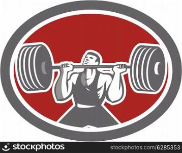 Illustration of a weightlifter lifting barbell set inside oval shape on isolated background viewed from front done in retro style.. Weightlifter Lifting Barbell Front Oval Retro
