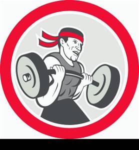Illustration of a weightlifter lifting barbell weights set inside circle shape on isolated white background done in cartoon style. . Weightlifter Lifting Barbell Circle Cartoon