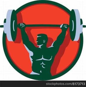 Illustration of a weightlifter lifting barbell weights with both hands looking to the side viewed from front set inside circle done in retro style. . Weightlifter Lifting Barbell Circle Retro