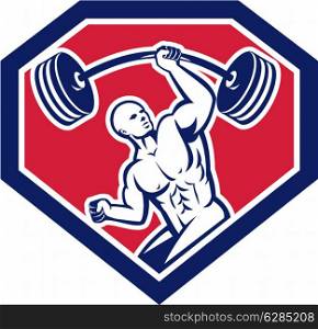 Illustration of a weightlifter lifting barbell with one hand set inside shield crest shape on isolated background viewed from front done in retro style.. Weightlifter Lifting Barbell Shield Retro