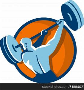 Illustration of a weightlifter lifting swinging barbell looking to the side viewed from the back set inside circle on isolated background done in retro style.. Weightlifter Swinging Barbell Back View Circle Retro