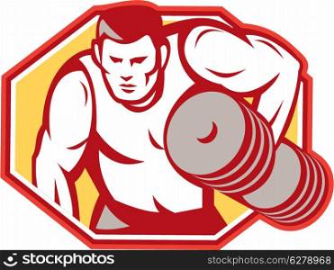 Illustration of a weightlifter lifting weights pumping iron set inside hexagon done in retro style.