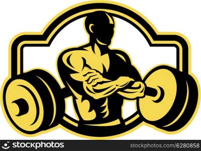 Illustration of a weightlifter with arms crossed and barbell in background viewed from front done in retro style.. Weightlifter Arms Crossed Barbell Retro