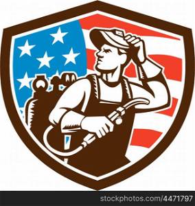Illustration of a welder rod-holder with cable and electrode for electric arc welding and welder visor mask looking to the side with usa american stars and stripes flag in the background set inside shield crest done in retro style. . Welder Looking Side USA Flag Crest Retro