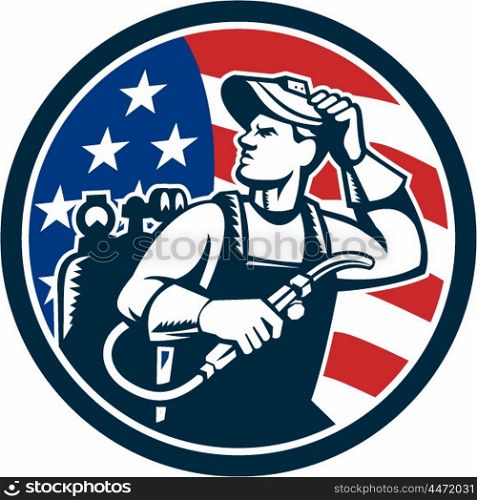 Illustration of a welder rod-holder with cable and electrode for electric arc welding and welder visor mask looking to the side with usa american stars and stripes flag in the background set inside circle done in retro style. . Welder Looking Side USA Flag Circle Retro