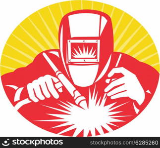 illustration of a welder welding holding up welding equipment facing front done in retro woodcut style.&#xA;