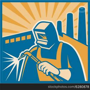 Illustration of a welder with welding torch and factory building in background set inside square done in retro woodcut style.. Welder Welding Factory Retro Woodcut