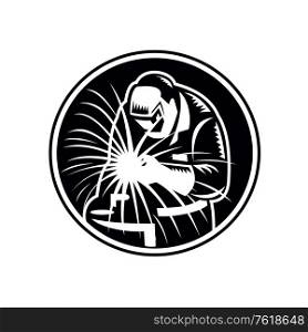 Illustration of a welder working on oxy-fuel, oxyacetylene welding, oxy welding, oxy-fuel cutting or gas welding set inside circle on isolated background done in retro black and white style.. Gas Welder Oxyacetylene Welding and Oxy-fuel Cutting Front View Retro Black and White