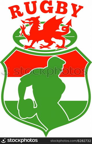 illustration of a Welsh Rugby player silhouette running passing ball inside shield background and red Wales dragon. welsh rugby player wales dragon shield