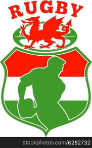illustration of a Welsh Rugby player silhouette running passing ball inside shield background and red Wales dragon. welsh rugby player wales dragon shield