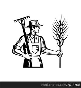 Illustration of a wheat farmer worker holding a rake and cereal grain stalk viewed from side done in retro woodcut style.. Wheat Farmer Holding a Rake and Cereal Grain Stalk Retro Woodcut