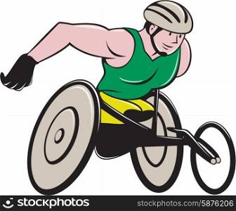 Illustration of a wheelchair racer racing on track and road viewed from side on isolated background done in cartoon style.. Wheelchair Racer Racing Isolated